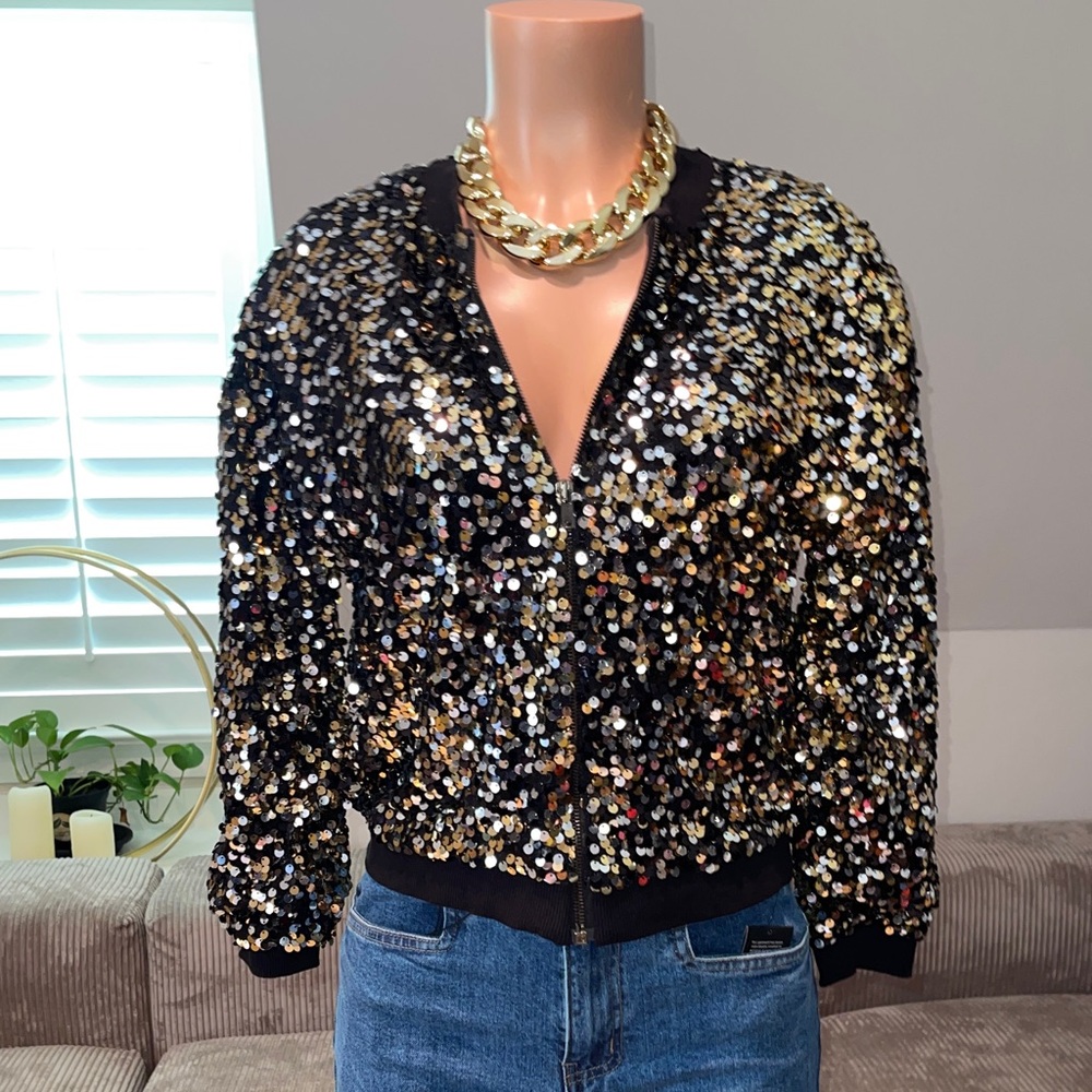 Zara Black and Gold Sequin Bomber Jacket